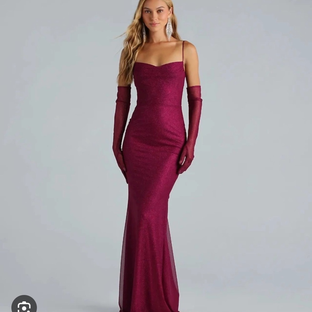 Windsor Plum Strapless Mermaid Maxi with Matching Opera Gloves